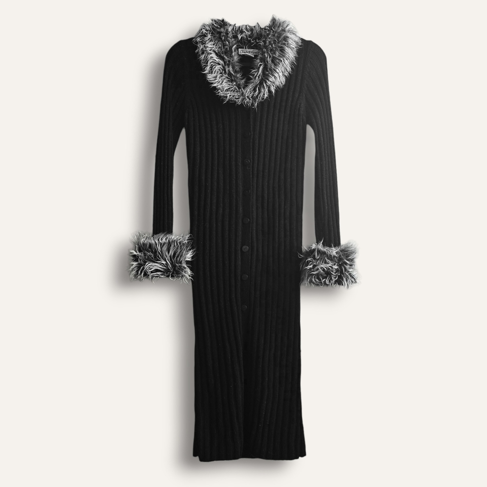 Y2k Charlotte Russe Penny Lane Faux Fur Trim Maxi Cardigan - Black (XS/S)
